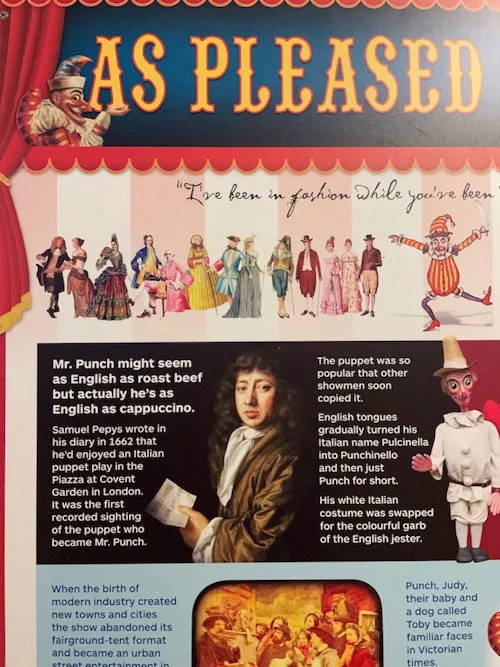 Picture of a poster summarising the history of Punch & Judy shows in England.