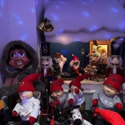 Decoración navideña con una mezcla de Marionetas Pelham y otros autómatas.
