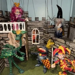 Una escena de castillo con marionetas Pelham: una princesa, un dragón, un caballero, un bufón y un mago.