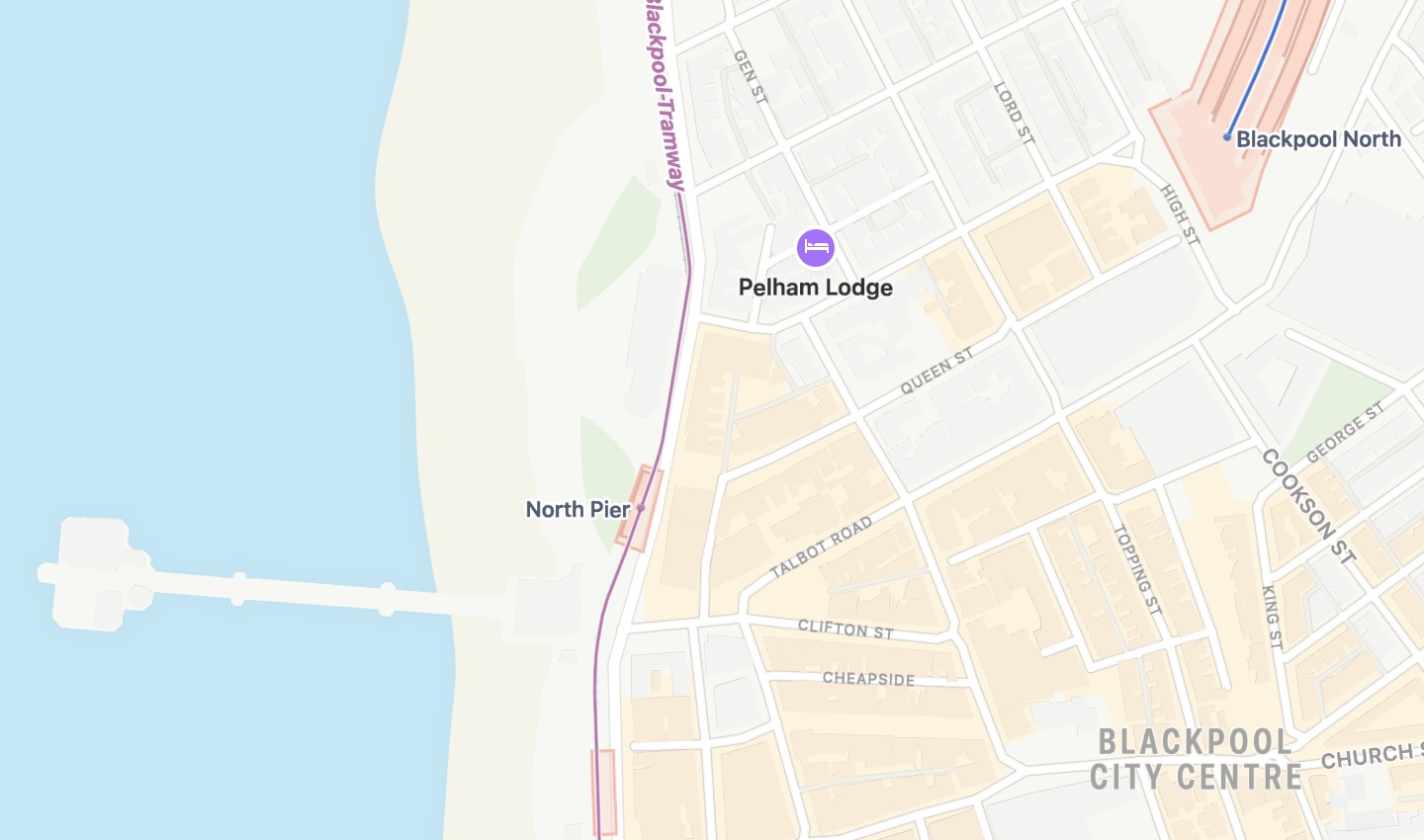 Map of Blackpool city centre with a purple symbol indicating Pelham Lodge's location.